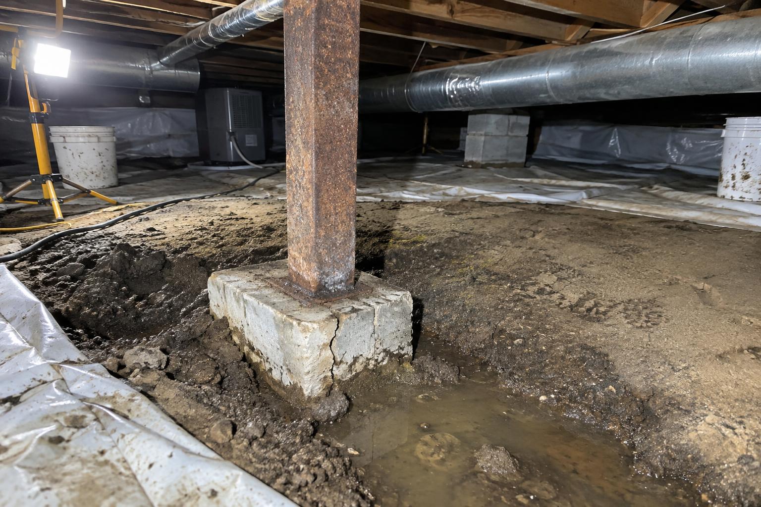 Standing water pooled on bare soil under a crawl space with a rusted steel support post sitting on a cracked concrete footing