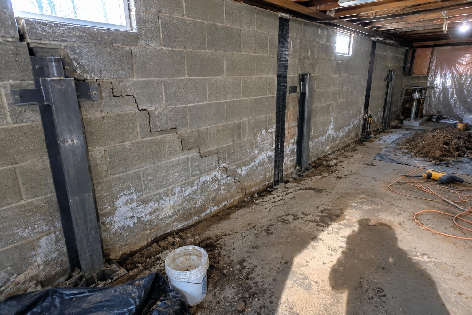 A stair-step crack running diagonally through the mortar joints of a block basement wall, with a thin dark gap and powdery white mineral staining along the lower courses.
